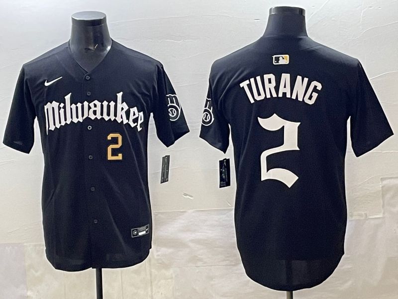 Men 2025 Milwaukee Brewers #2 Turang Black Five generations Joint Name Nike MLB Jersey style 8->los angeles lakers->NBA Jersey